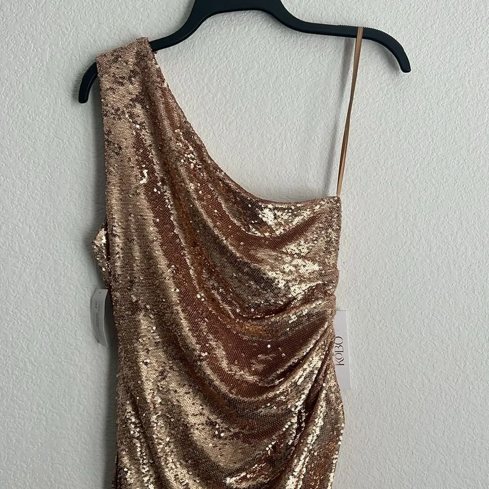 Ronny Kobo Kelly Sequin One-Shoulder Dress, Metallic Gold Size S - Picture 9 of 13